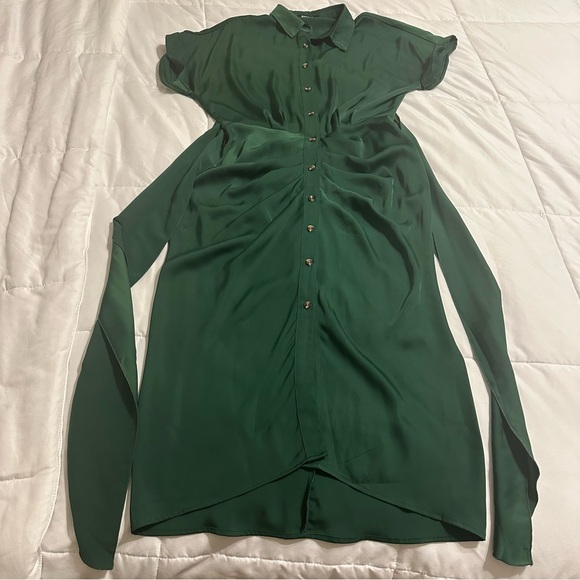 Classy Holiday Christmas Button Down Satin Ruched Shirt Maxi Dress Deep Green - Picture 4 of 6
